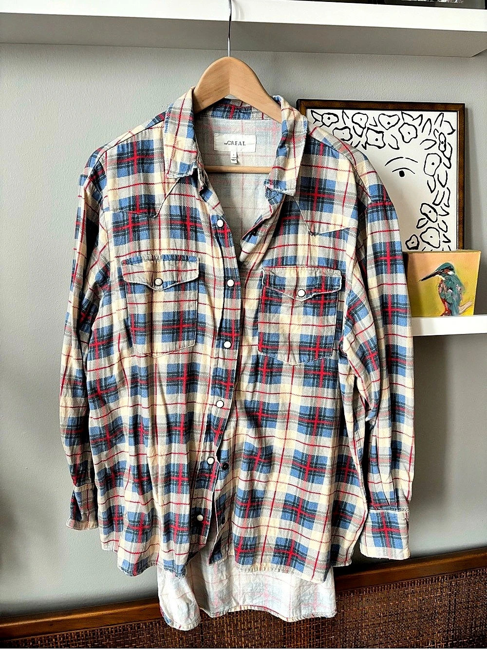 The Great. Plaid Cotton Button Down in Blue & Red Size 3